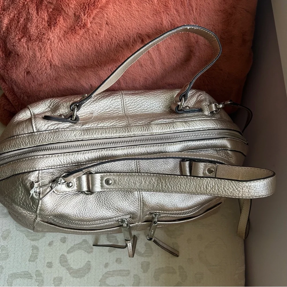 B.Makowsky Champagne Metallic Satchel Leather Crossbody Bag